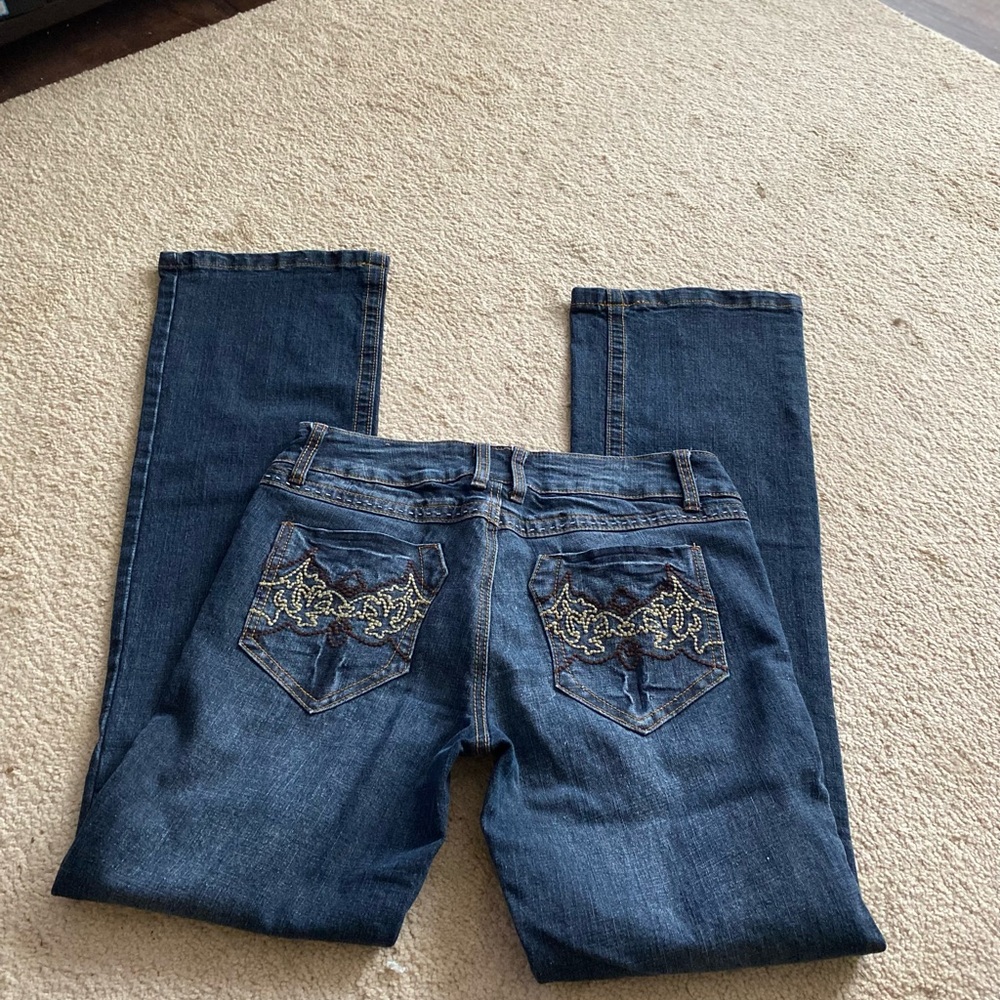 Jou Jou premium women’s Sz 9 vintage Y2K mid rise Flare denim Jeans dark wash - Picture 4 of 7